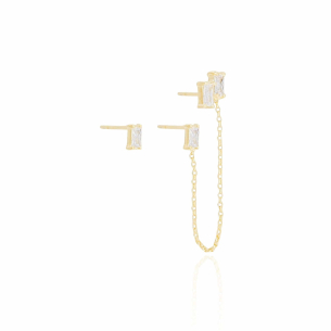 Brinco Retângulo Cristal Unilateral Corrente Banho Dourado