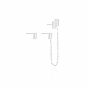 Brinco Retângulo Cristal Unilateral Corrente Banho Branco