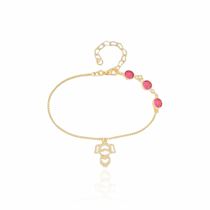 Pulseira Pontos de Luz Safira Rosa Pingente Menina Banho Dourado