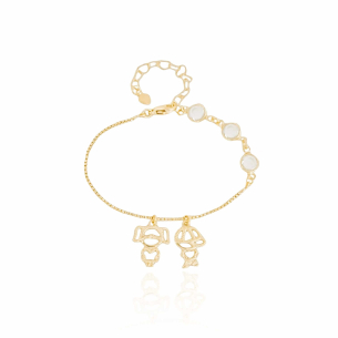 Pulseira Pontos de Luz Cristal Pingentes Menino e Menina Banho Dourado