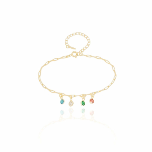 Pulseira Elos Retangulares Pontos de Luz Coloridos Banho Dourado