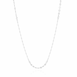 Gargantilha Longa Perolas Pontos de Luz Cristal Plaquinhas Redondas Flat Banho Branco