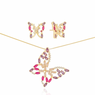 Conjunto Borboleta Navetes Coloridas Pontos de Luz Cristal Banho Dourado