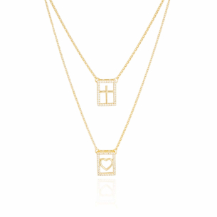 Escapulário Coração Cruz Borda Cristal Banho Dourado