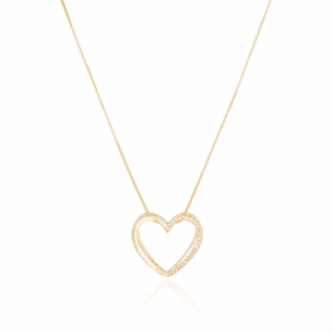 Gargantilha Veneziana Coração Duplo Cravejado Cristal e Liso Banho Dourado