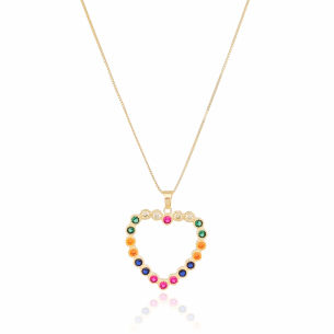 Gargantilha Veneziana Coração Colorido Cravação Inglesa Banho Dourado