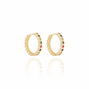 Brinco Argola Pontos de Luz Coloridos Tamanho G Cravação Inglesa Banho Dourado