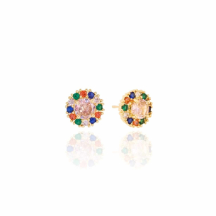 Brinco Redondo Cravejado Colorido Ponto de Luz Safira Rosa Banho Dourado