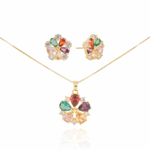 Conjunto Flor Gotas Coloridas Corrente Veneziana Banho Dourado