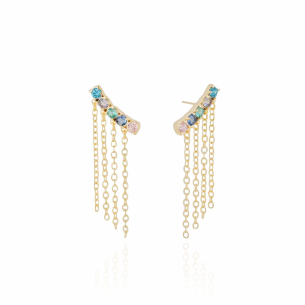 Ear Cuff Franja Base Colorida Pontos de Luz Banho Dourado