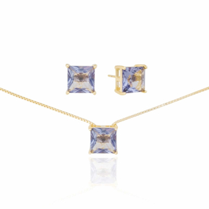 Conjunto Ponto de Luz Quadrado Ametista Banho Dourado