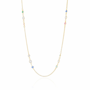 Gargantilha Longa Perolas Pontos de Luz Coloridos Elos Portugueses Banho Dourado