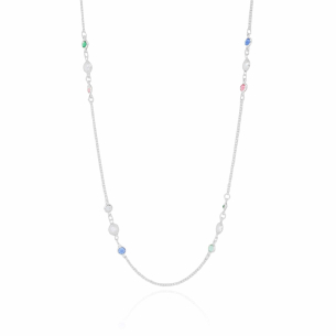 Gargantilha Longa Perolas Pontos de Luz Coloridos Elos Portugueses Banho Branco