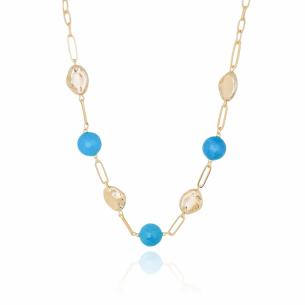 Gargantilha Pedras Azuis Detalhes Elos Banho Dourado