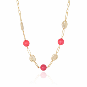 Gargantilha Pedras Vermelhas Detalhes Elos Banho Dourado