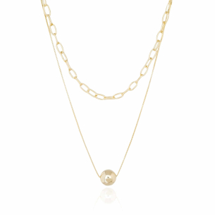 Gargantilha Dupla Pingente Bola Veneziana e Elos Banho Dourado