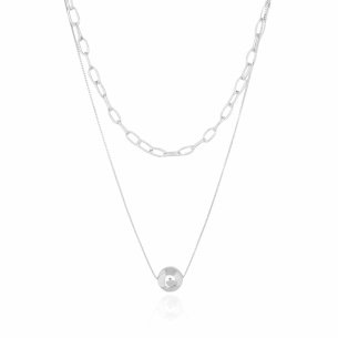 Gargantilha Dupla Pingente Bola Veneziana e Elos Banho Branco