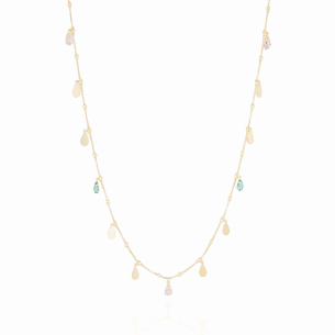 Gargantilha Longa Gotas Colors e Flat Lisa Veneziana Detalhe Bolinhas Banho Dourado