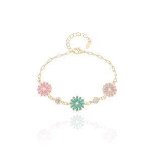 Pulseira Infantil Elos Flores Coloridas Banho Dourado