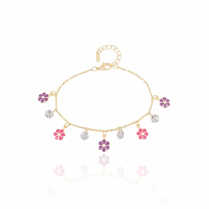 Pulseira Infantil Flor Colorida e Pontos de Luz Banho Dourado