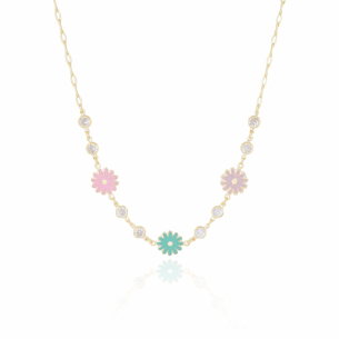 Gargantilha Infantil Flores Coloridas e Pontos de Luz Banho Dourado