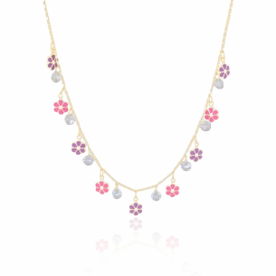 Gargantilha Infantil Flores Coloridas e Pontos de Luz Cristal Banho Dourado