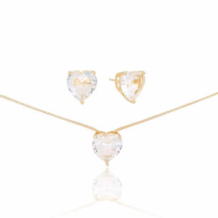 Conjunto Coração Cristal Banho Dourado