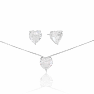 Conjunto Coração Cristal Banho Branco
