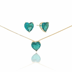 Conjunto Coração Turmalina Banho Dourado