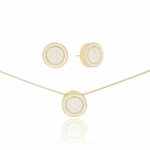 Conjunto Redondo Cravejado Zirconia Cristal Banho Dourado