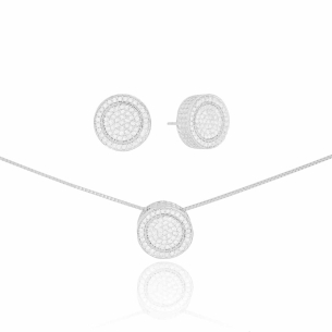 Conjunto Redondo Cravejado Zirconia Cristal Banho Branco