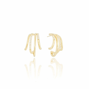 Brinco Meia Argola Cristal Cravejado Filetes Liso Banho Dourado