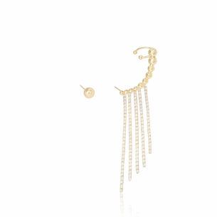 Ear Cuff Unilateral Bolas Lisas Franja Cristal Banho Dourado