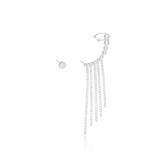 Ear Cuff Unilateral Bolas Lisas Franja Cristal Banho Branco