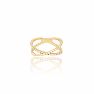 Anel Filetes X Cravejado Cristal Bolinhas Tamanho 17 Banho Dourado