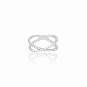 Anel Filetes X Cravejado Cristal Bolinhas Tamanho 19 Banho Branco