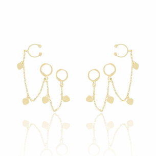 Brinco Argola Duplo Piercing Corrente Corações Banho Dourado