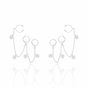 Brinco Argola Duplo Piercing Corrente Corações Banho Branco