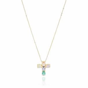 Gargantilha Longa Cruz Colorida Oval Banho Dourado