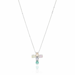 Gargantilha Longa Cruz Colorida Oval Banho Branco