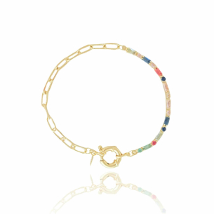 Pulseira Elos Baguete Pontos de Luz Colorida Fecho Boia Banho Dourado