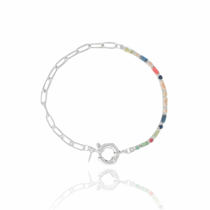 Pulseira Elos Baguete Pontos de Luz Colorida Fecho Boia Banho Branco