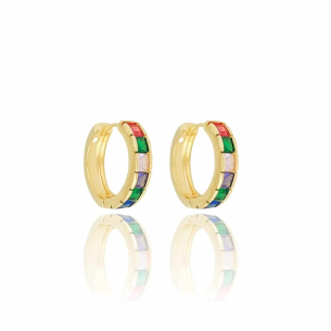Brinco Argola Cravejado Carré Colorido Banho Dourado