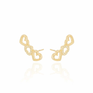 Ear Cuff Três Coraçoes Lisos e Cravejado Cristal Banho Dourado