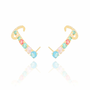 Ear Cuff Colorido Piercing Cravejado Cristal Banho Dourado