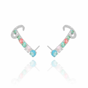 Ear Cuff Colorido Piercing Cravejado Cristal Banho Branco