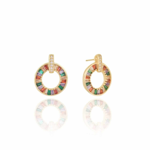 Brinco Argola Colorida Base Cravejada Cristal Banho Dourado