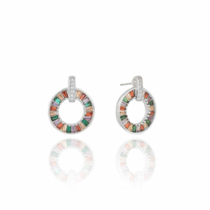 Brinco Argola Colorida Base Cravejada Cristal Banho Branco