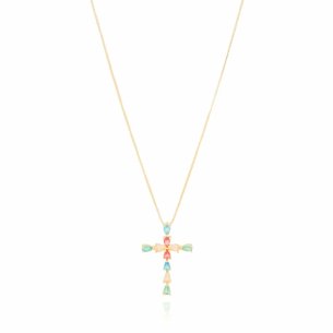 Gargantilha Cruz Gotas Coloridas Banho Dourado