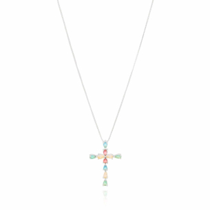 Gargantilha Cruz Gotas Coloridas Banho Branco